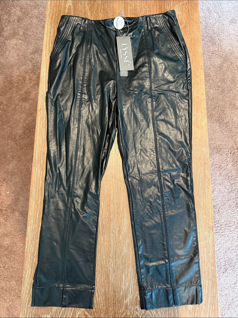 NWT Lyssé Faux Vegan Leather Track Pants Joggers Black Size L Style 3227